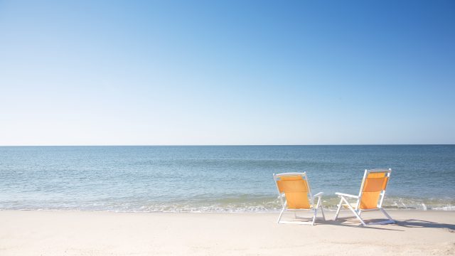 USA, Massachusetts, Nantucket, Two beach chairs on empty Surfside Beach